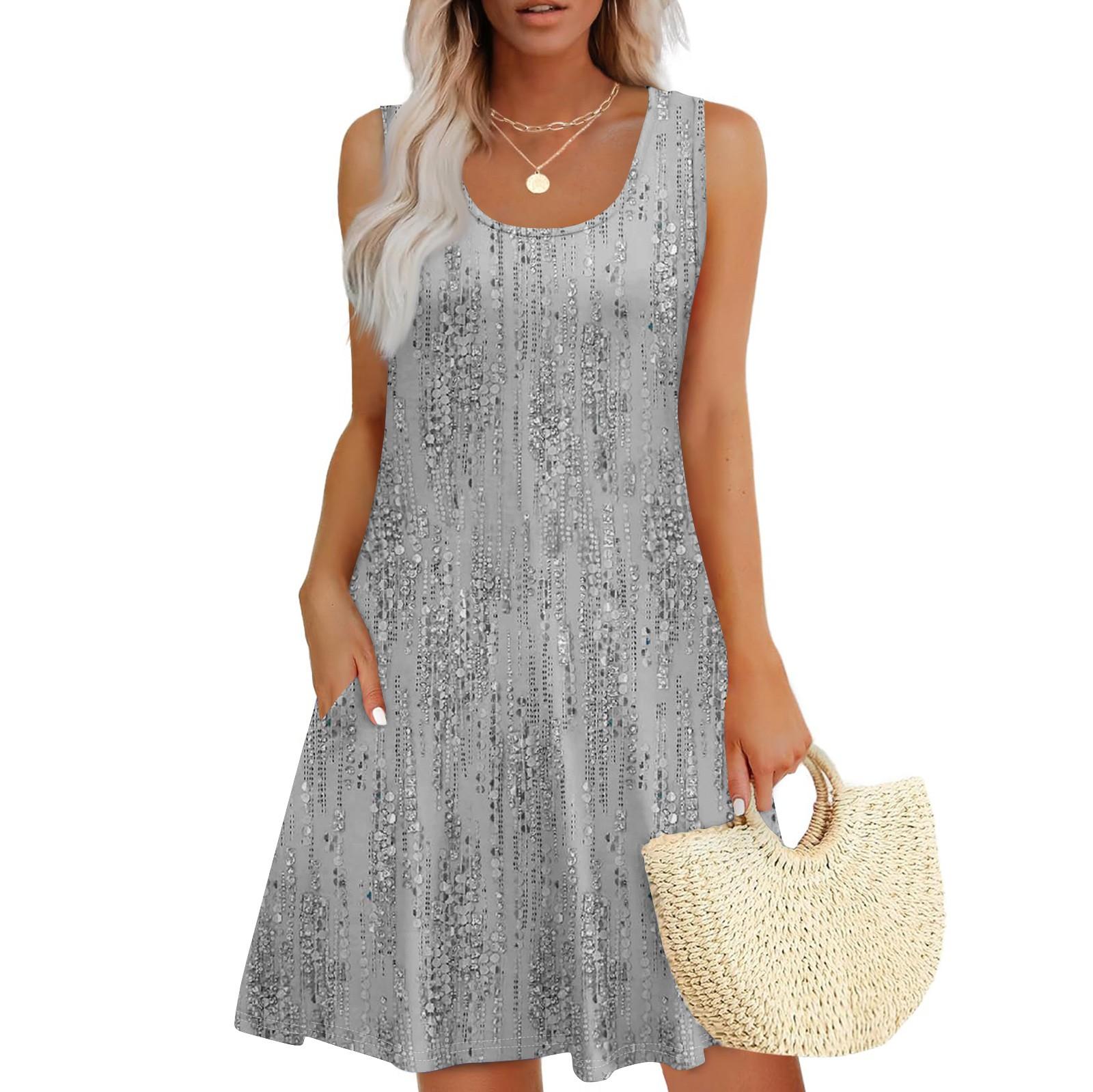 Women s Summer Casual Square Neck Floral Print Dress Sleeveless Dress With Pockets L