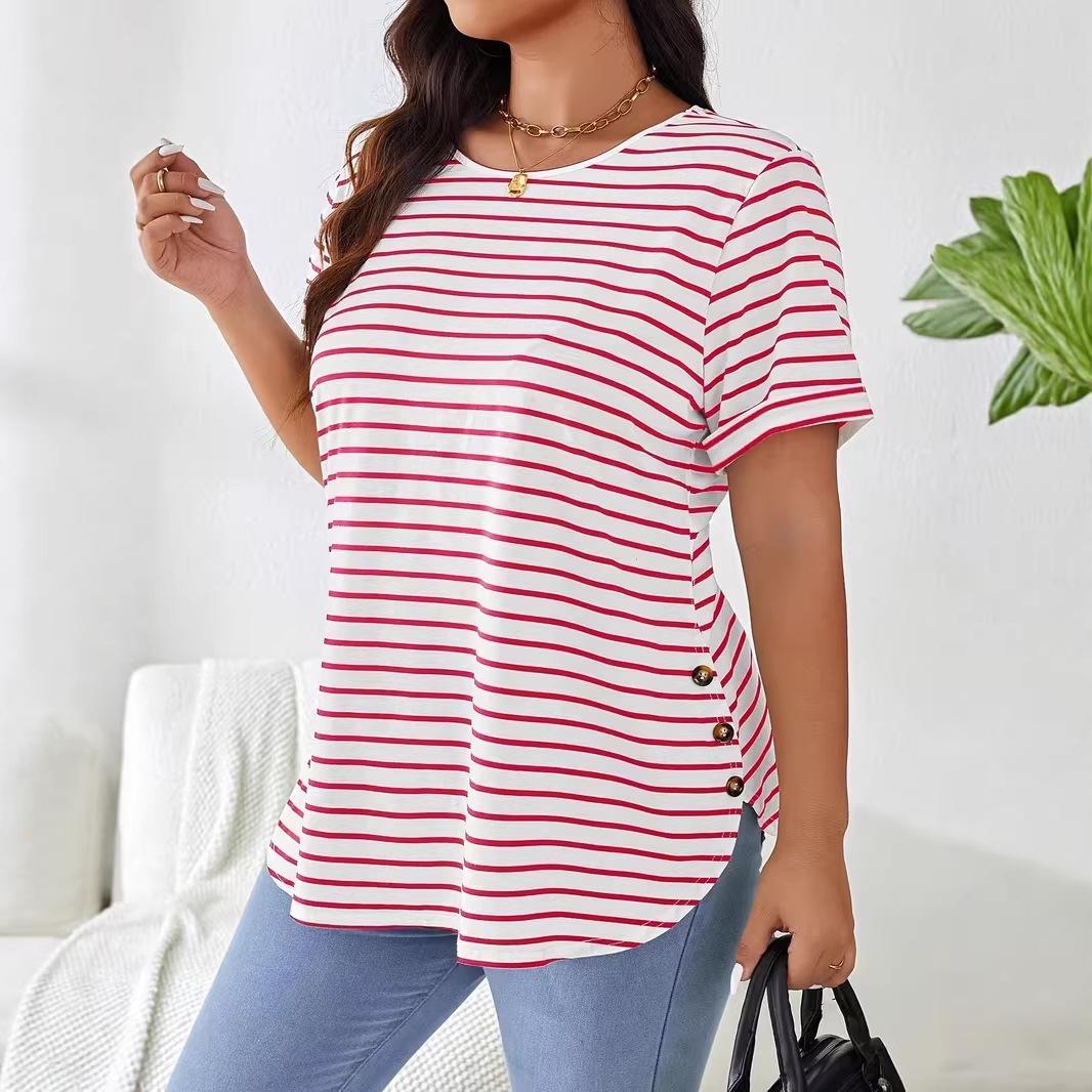 

Casual Striped Round Neck Loose Fit Women s T-shirt 4 Extra Large червоний