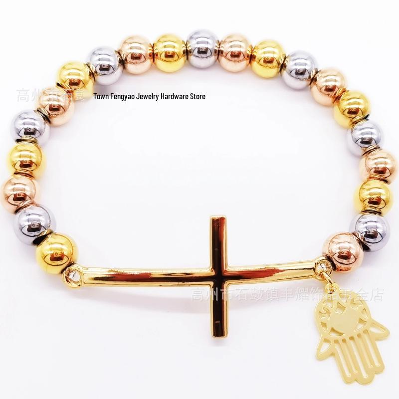 8mm Random Three-Color Bead Stainless Steel Handcrafted Cross Bracelet