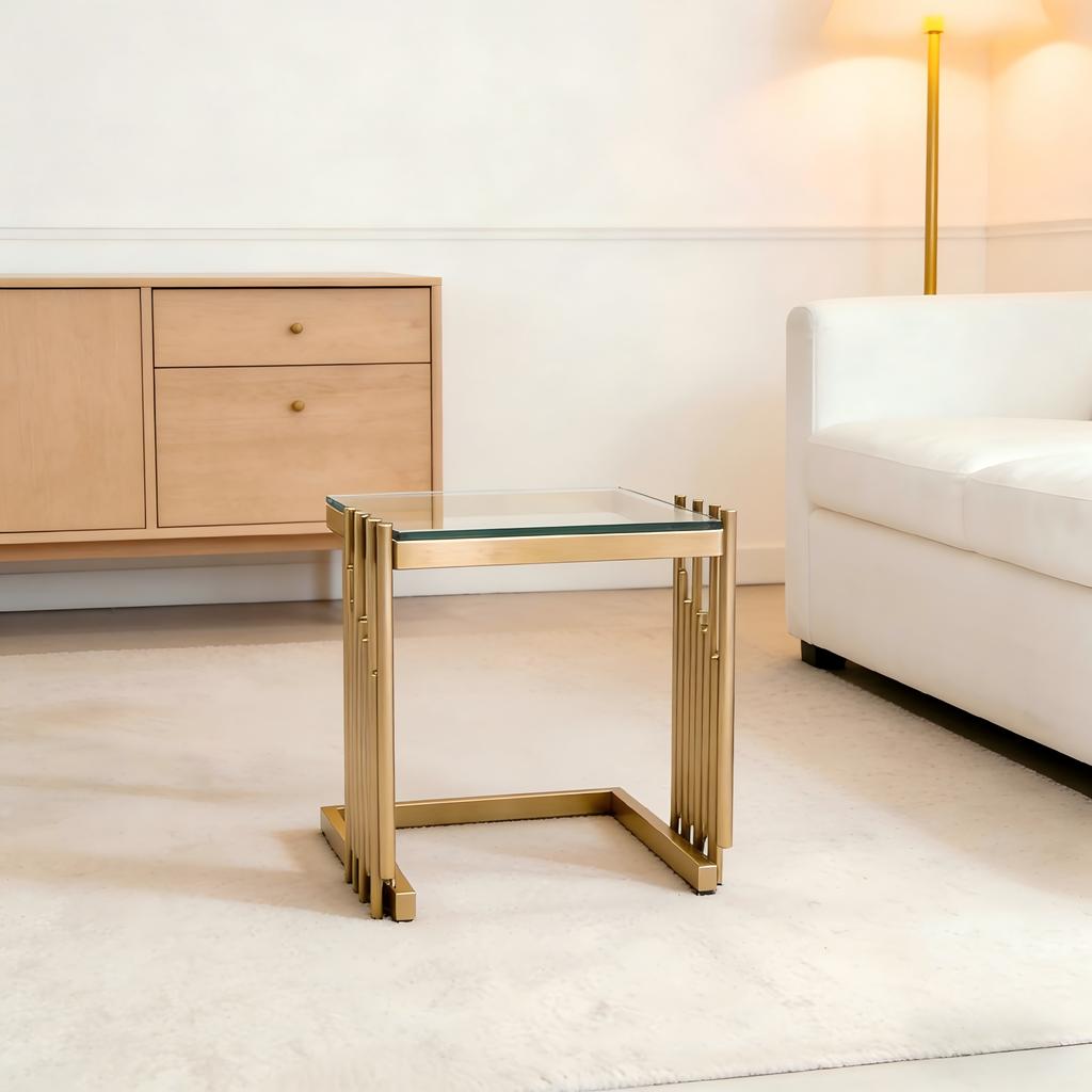 41cm Modern Square Side Table for Living Room with Clear Tempered Glass Desk and Gold Stainless Steel Frame Luxury Mirror Finish for Bedroom Balcony