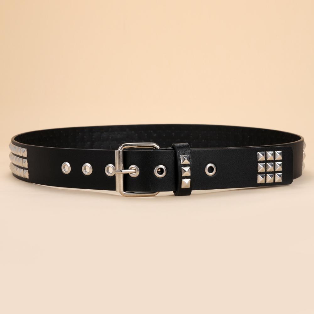 Black Rivet Punk Style Belt with Bright Metal Pyramid Decoration, Suitable for Men and Women