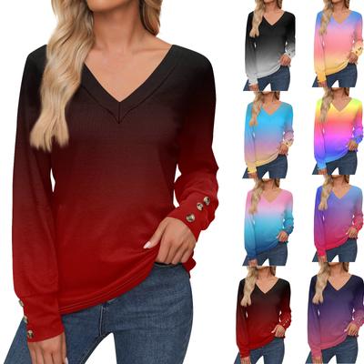 Women's Tops Floral Print Long Sleeve Shirt V Neck Casual Loose Tee Autumn Clothing