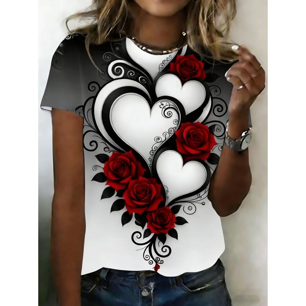 Heart-patterned Strawberry 3D Print Women's Round Neck Short-sleeved T-shirt, Loose Fit Top, Women's Clothing