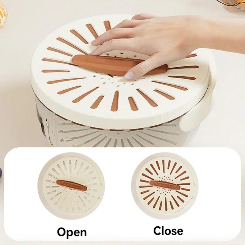 Fruit Drain Basket with Lid, Vegetable Washing Bowl, Foldable Handle, Cleaning Colander, Plastic Refrigerator Crisper, Kitchen B