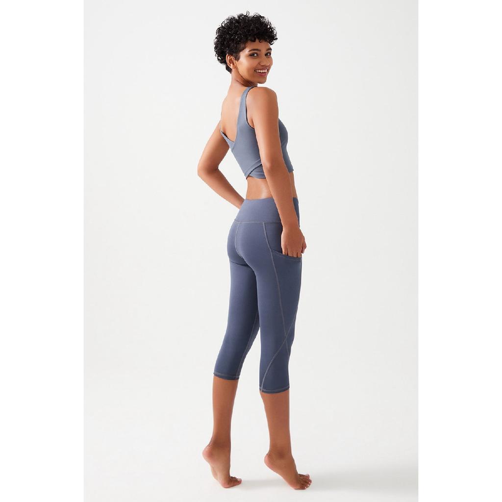 Women's Black High Waist Collecting Double Pocket Below Knee Capri Leggings Capri