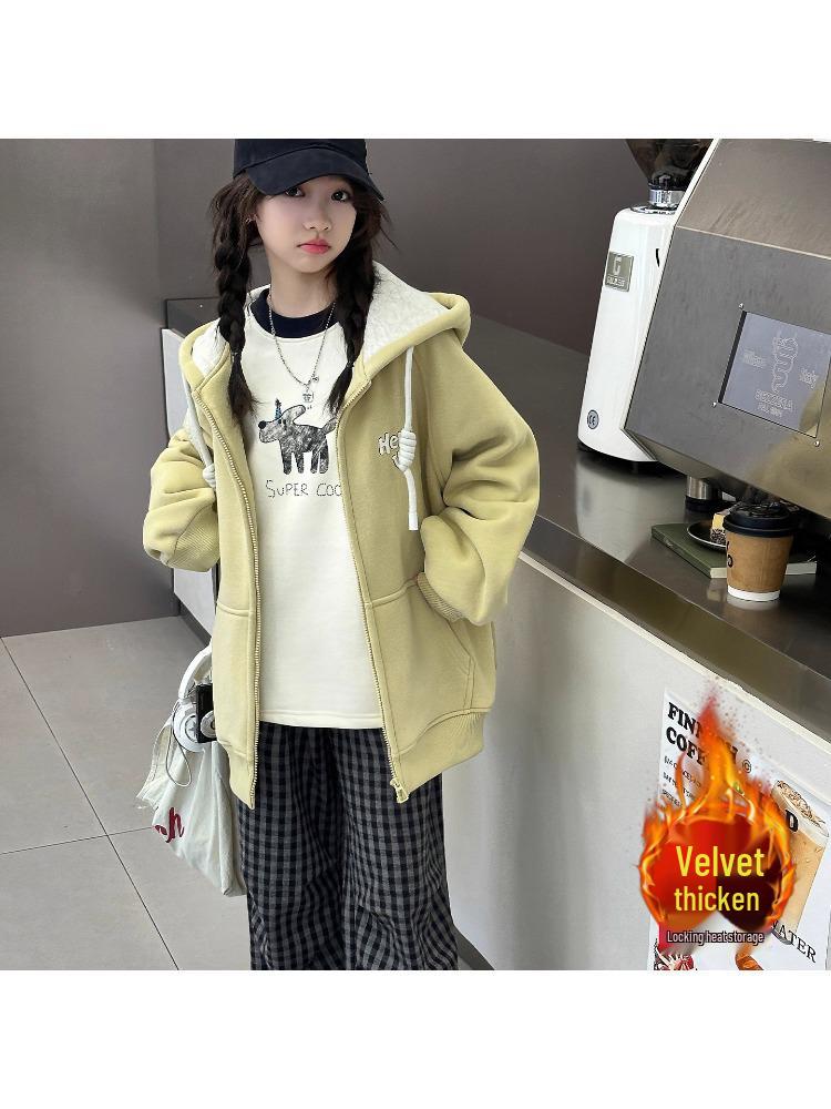 Girls' Alpaca Wool Fleece-Lined Jacket - Korean Casual Style, Hooded, Thick & Warm for Autumn/Winter