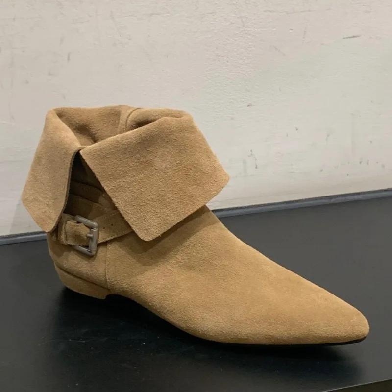 Genuine Leather Low Heel Ankle Boots Women Fashion Pointed Toe Buckle Design Western Cowboy Boot High Quality Nubuck Modern Boot
