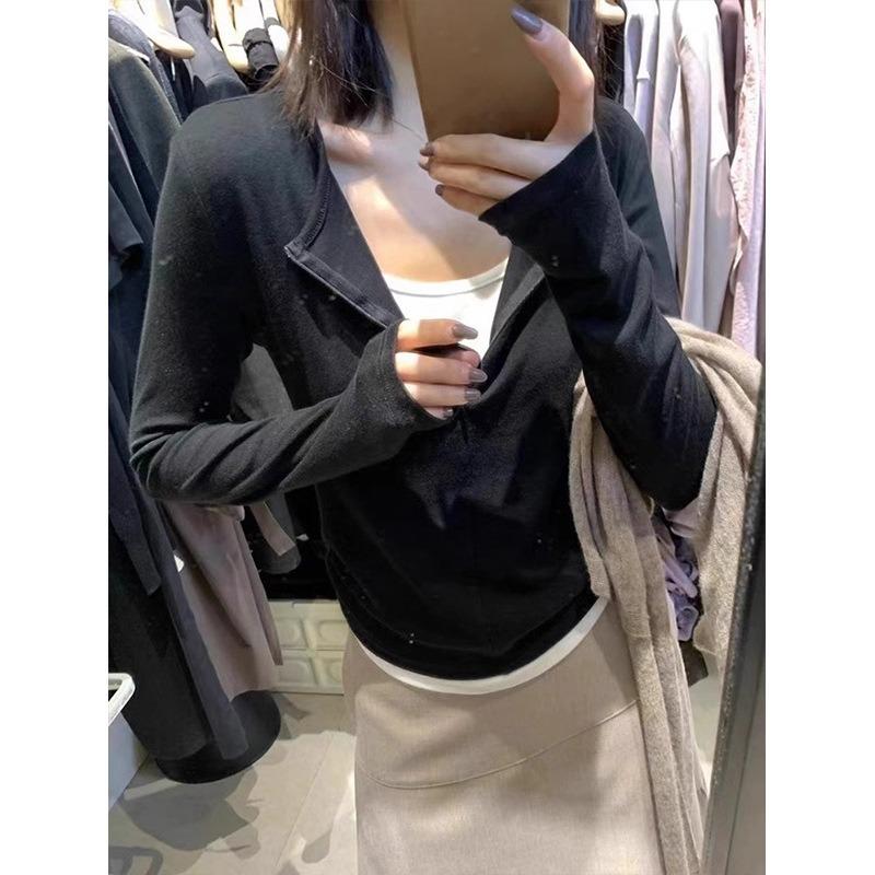Spring Semi-zipper Contrasting Fake Two-piece Shirt Women's Top Waist Pinch Pleated Long-sleeved Retro Bottoming Shirt