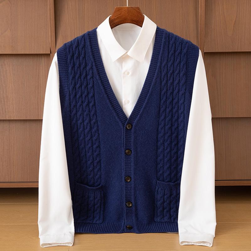 

Men s V-Neck Cable Knit Button-Up Cashmere Vest - Warm, Fashionable & Versatile Sleeveless Cardigan M (132-154 lbs)