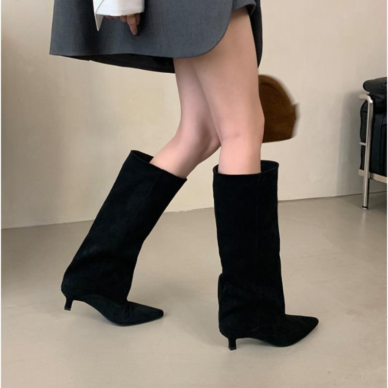 Autumn Winter Sexy Women Suede Knee-High Boots Street Style Pointed Toe Low Heels Cowboy Ladies Shoes Long Botas
