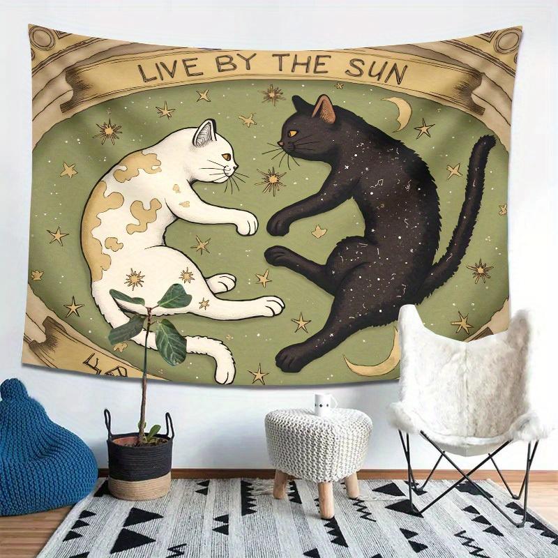 Celestial Cat Tapestry  Yin Yang Cats with Moon  Stars Witchy Boho Art Polyester 5161 in for Bedroom or Dorm