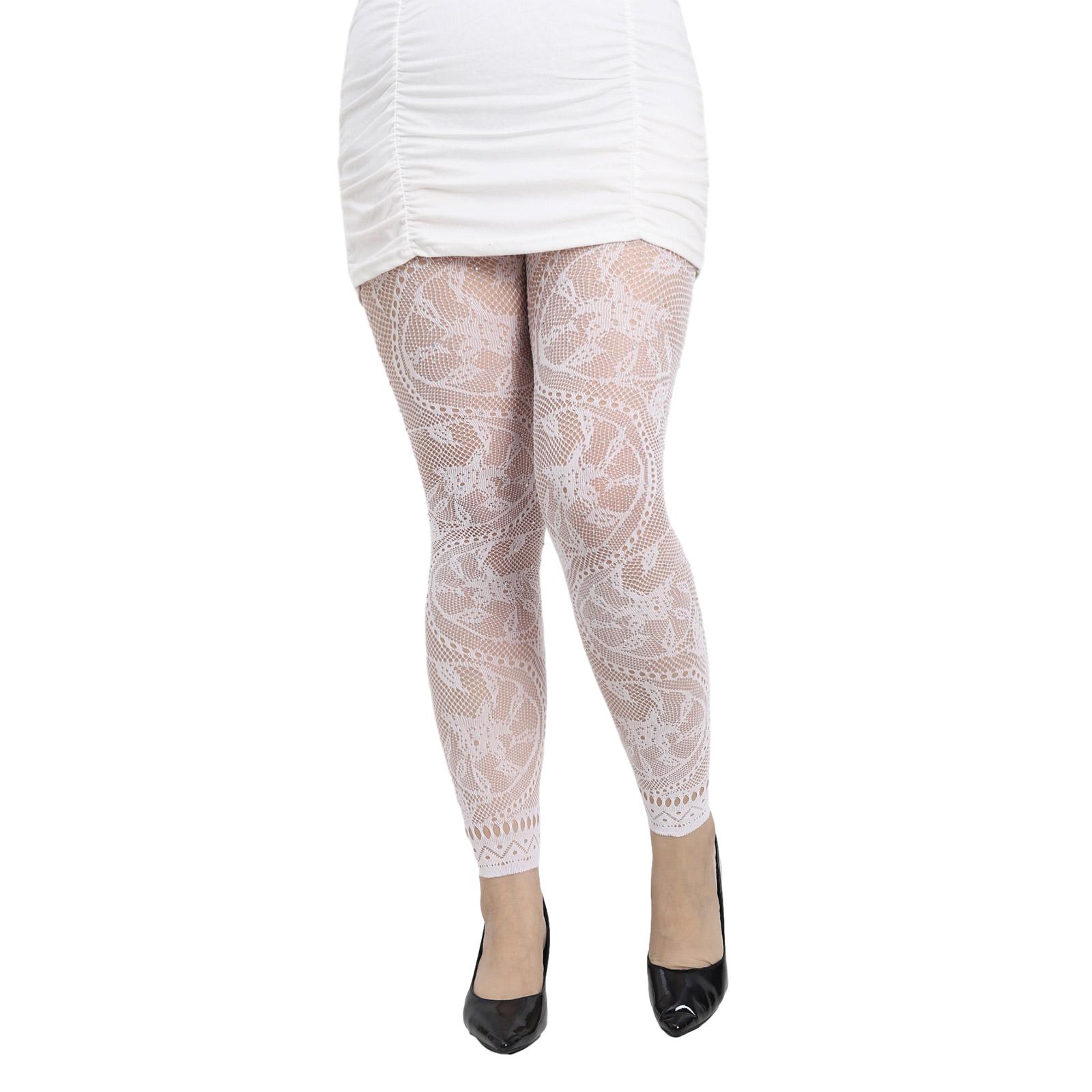 Women Large Size Footless Pantyhose Floral Patterned Rhinestones Fishnet Tights