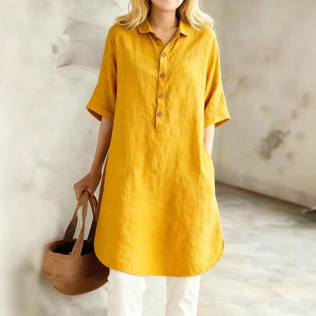 Baumwoll-Leinen Freizeitkleid Mit Polokragen Für Sommer 2026 Damen Lockerer Schnitt