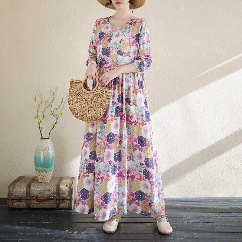 Literary Aging New Floral Vacation Style Travel Round Neck Long Sleeve Dresses
