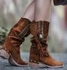 Bohemian Mid-calf Boots Women New 2026 Winter Ethnic Rivet Tassel Boots Woman Faux Suede Pointed Thick Heel Shoe Booties Female