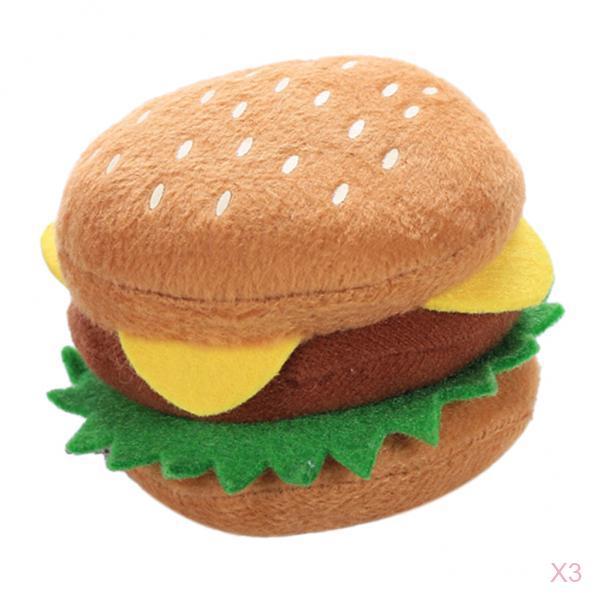 3x Dog Hamburger Chews Squeaky Squeaker Rubber Puppy Chewing