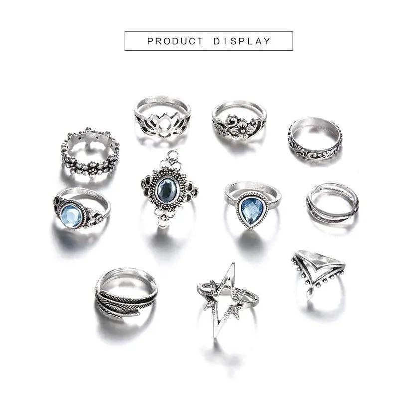 11Pc/Set Retro Sapphire Flowers Finger Ring Set Boho Crown Star Carved Joint Knuckle Rings Women J Engagement Rings For Women