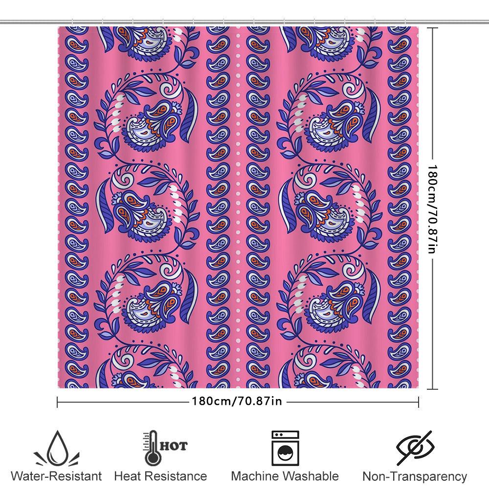 Pink Bath Shower Curtain With Blue Paisley Pattern For Bathroom Decor Waterproof Fabric 72 X 84 Inches Home Decoration Item Set