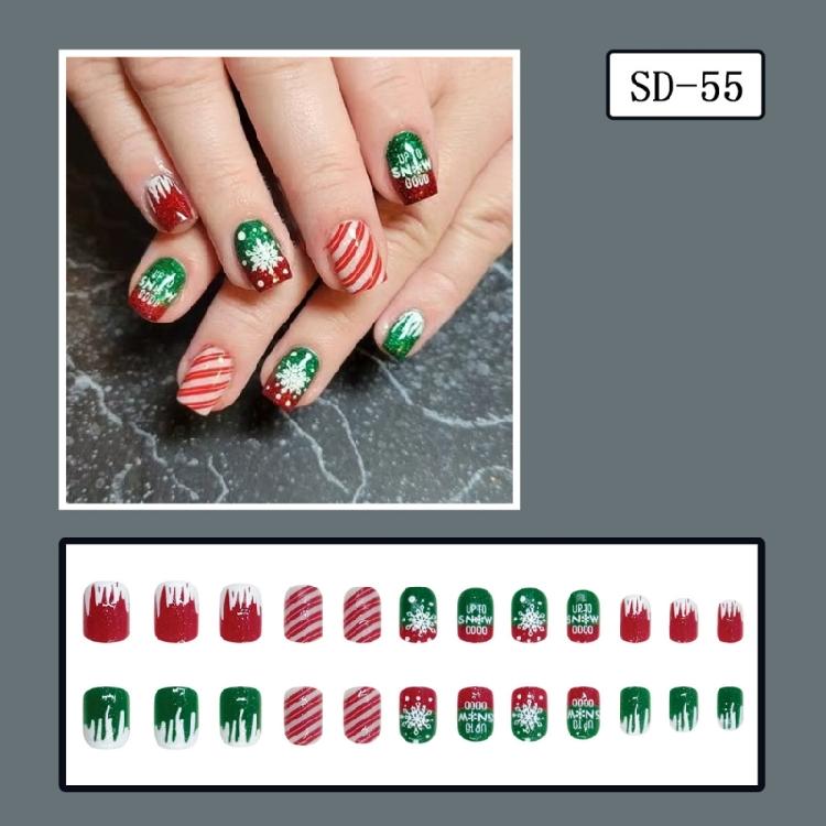 24Pcs Christmas Themed Press on Tips Scintillate Lined Striped Christmas Snowflake Design Short Square Artificial Nail Tips