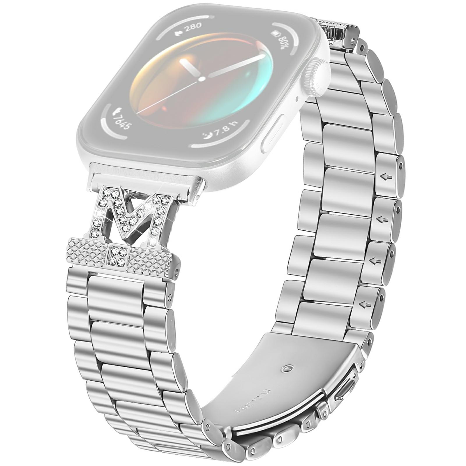 

For Huawei Watch Fit 3 Watch Strap Rhinestones Decor Silver Stainless Steel 3 Beads Watch Band As shown A