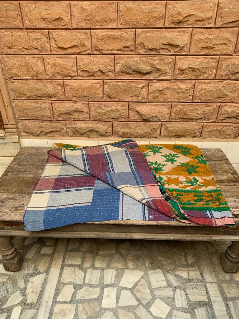 Handmade Kantha Quilt: Green Floral Vintage Sari Throw Blanket