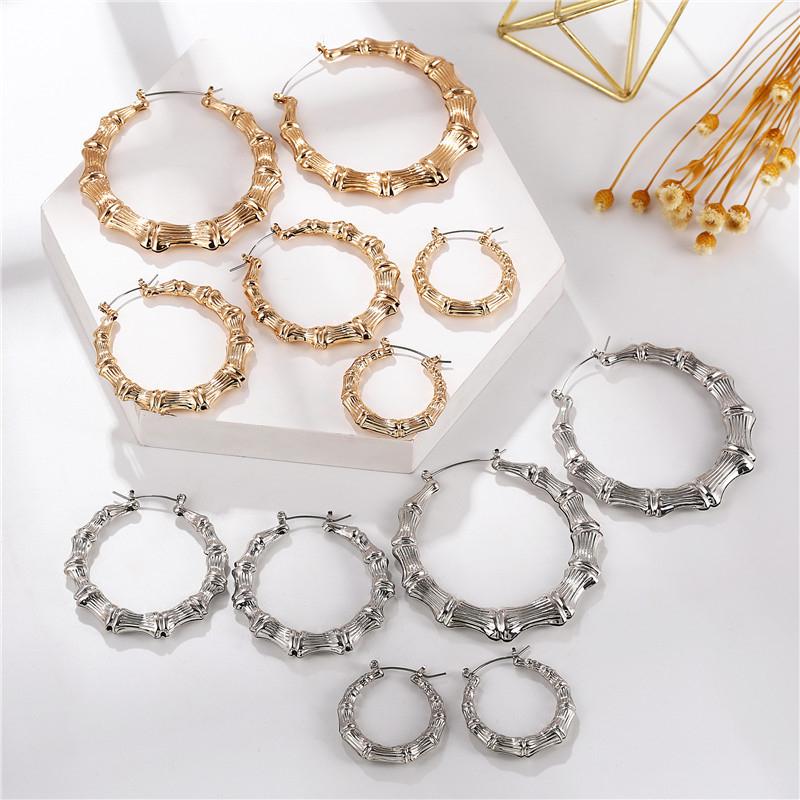 Punk Exaggerated Bamboo Circle Earrings Set for Women Vintage Metal Bamboo Joint Hoop Earring Unusual Party Versatile Jewelry