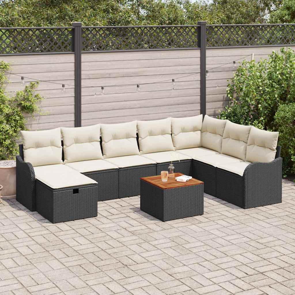 9 Piece Garden Sofa Set with Cushions Black Poly Rattan