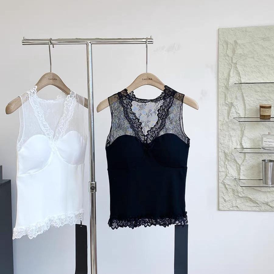 Lace Back Vest Women's French Style Exterior Sexy V-neck Slimming Base Shirt