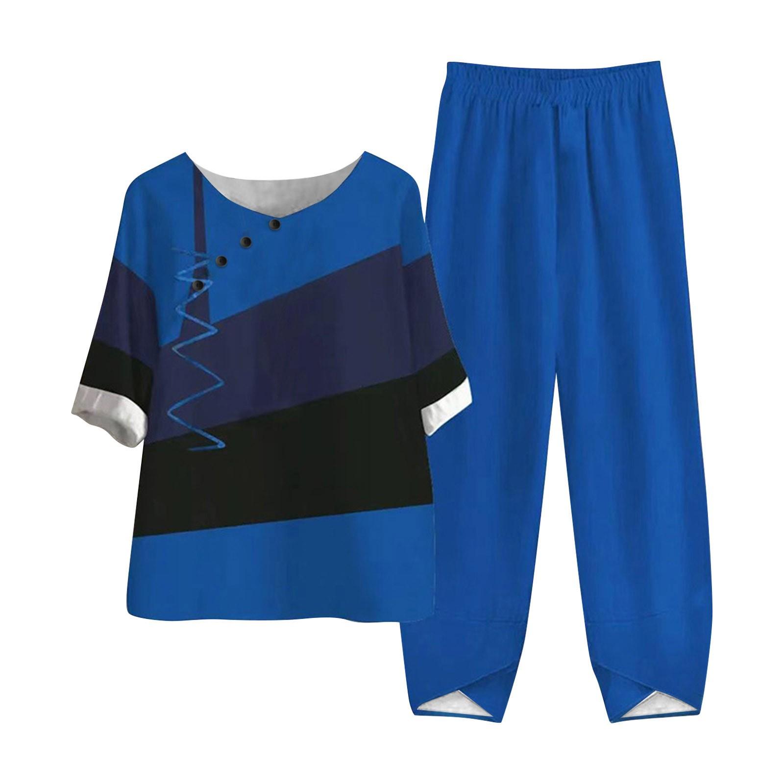

Женские летние топы с короткими рукавами и принтом, эластичная талия, брюки из девяти предметов, комплект из двух предметов XXXL синий
