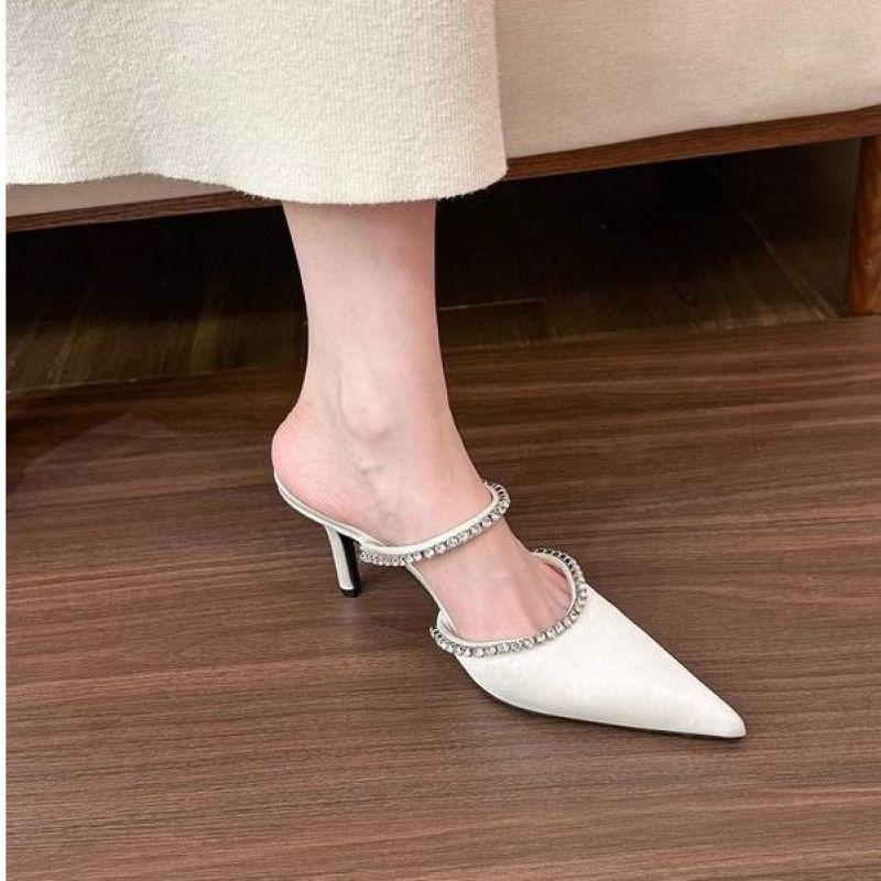 2025 new rhinestone one-word shallow high heels fashion versatile spring and summer pointed thin heel medium heel half slippers women