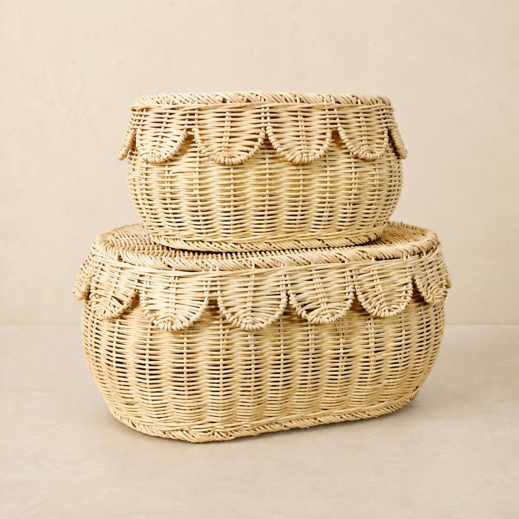 Rattan Storage Basket with Woven Lid Textured Desktop Organizer for Household