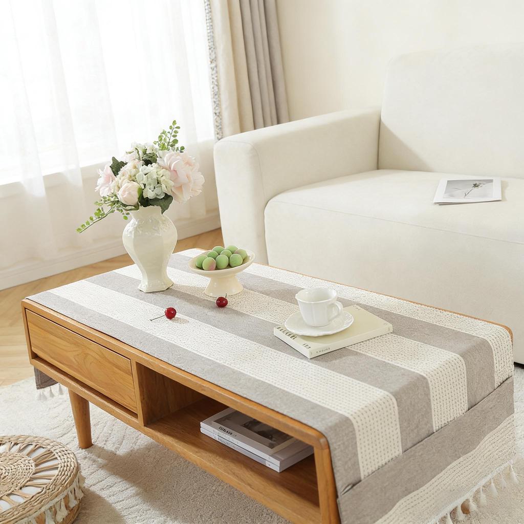 Machine Washable Cotton Linen Tassel Coffee Table Tablecloth with Pockets