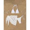 Solid Color Mesh 3 Pieces Bikini Set with Skrit Swimwear Women Sexy Halter Swimsuit Beach Bathing Suit