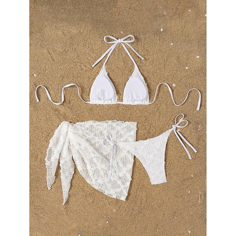 Solid Color Mesh 3 Pieces Bikini Set with Skrit Swimwear Women Sexy Halter Swimsuit Beach Bathing Suit