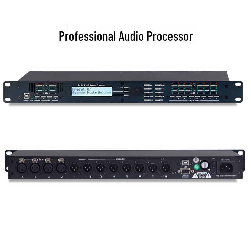 Professional 4-In 8-Out Digital Audio Processor with Noise Gate and Anti-Howling Equalizer for Stage and Line Array Speakers