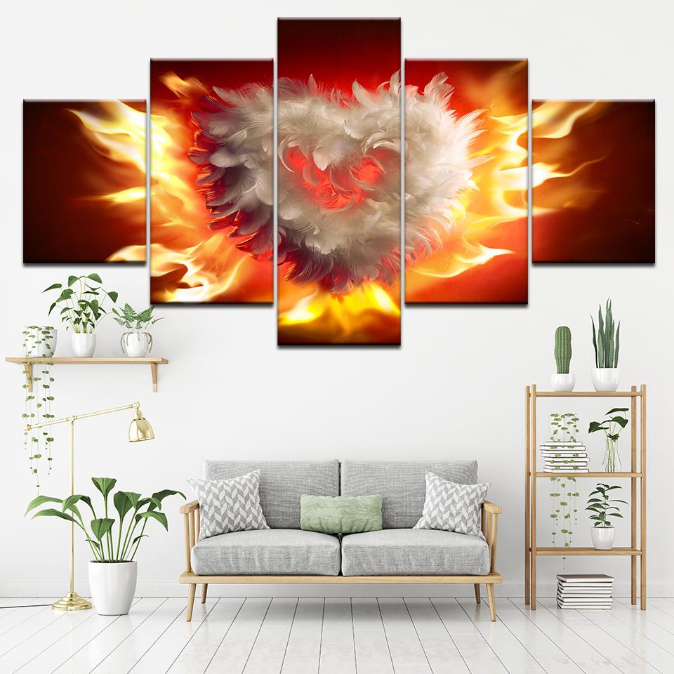 Canvas Painting Heart Fire 5 Pieces Wall Art Painting Modular Wallpapers Poster Print for Living Room Home Decor