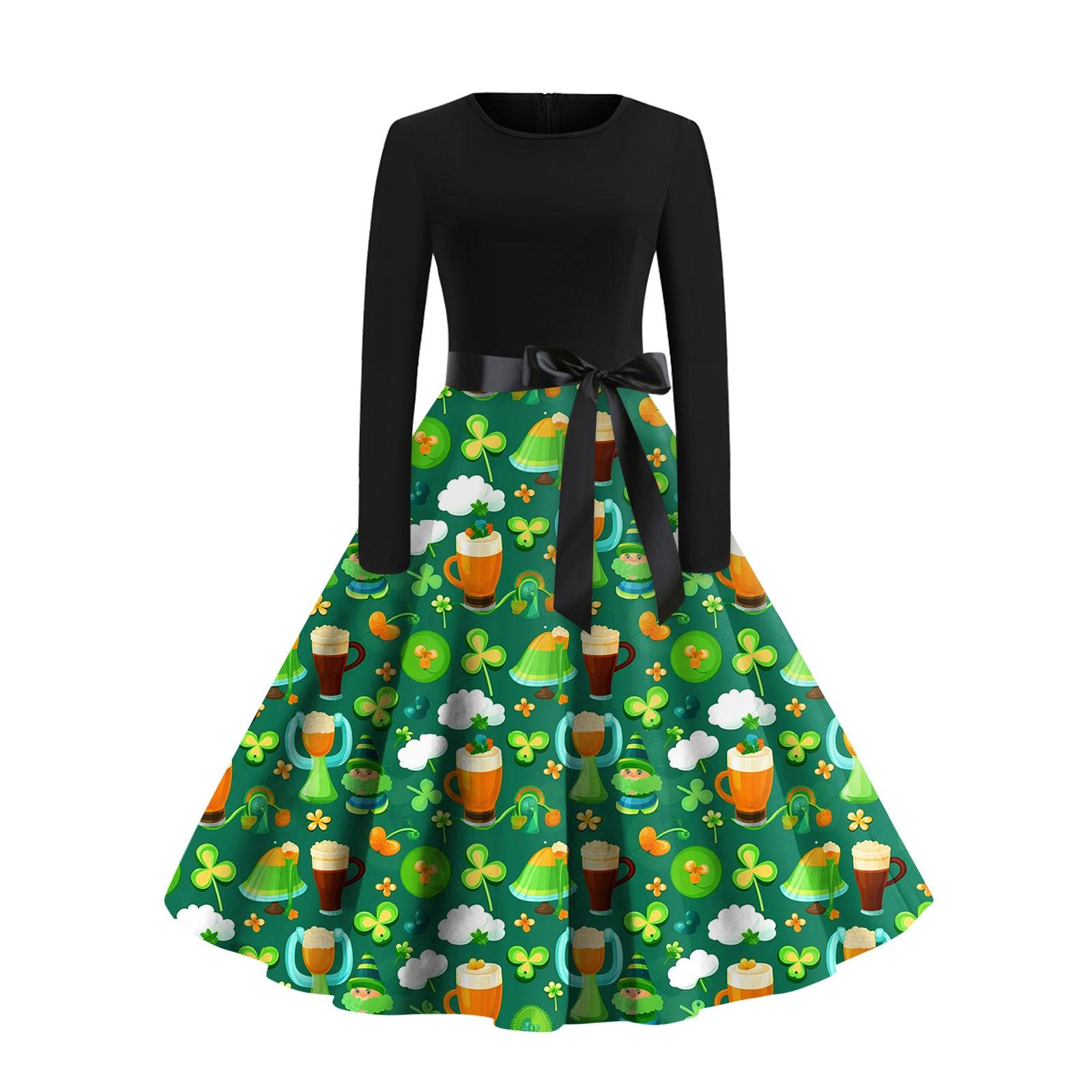 Женское винтажное классическое платье с длинным рукавом и принтом на День святого — фото 10