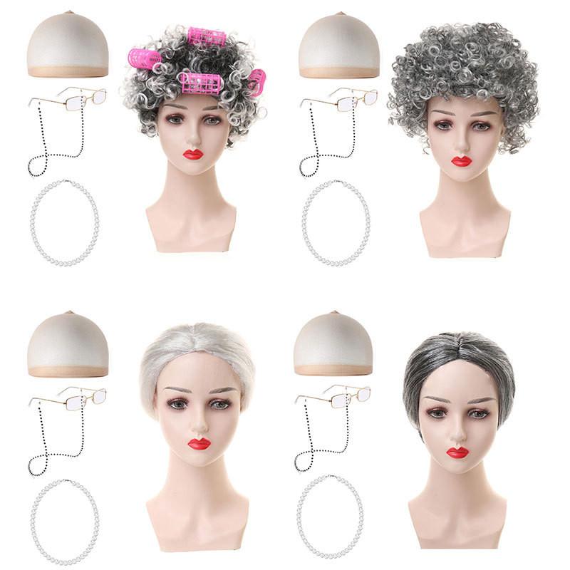 Short Curly Granny Wig Set For Halloween Costume With Various Stylish Colors