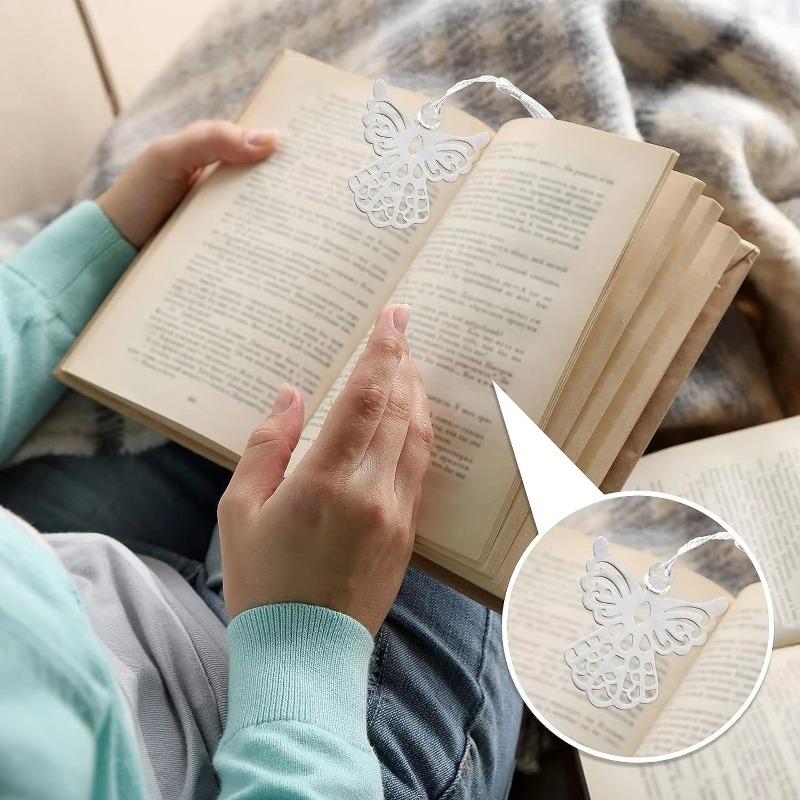 5PCS Metal Angel Silver Bookmark White Ribbon Tassel Snow Bookmark for Wedding Party Giveaway Gift