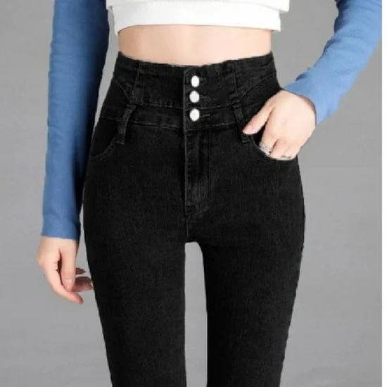 

Жіночі джинси скінні з високою посадкою на трьох ґудзиках - Стрункі, еластичні та ідеальні для осені та зими. XL чорний