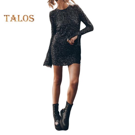 

Платье для леди на осень-весну с длинными рукавами-рогами, разрезами на манжетах, круглым вырезом, пайетками, вырезом на спине, свободным мини-платьем для вечеринок, свиданий и клуба S чёрный