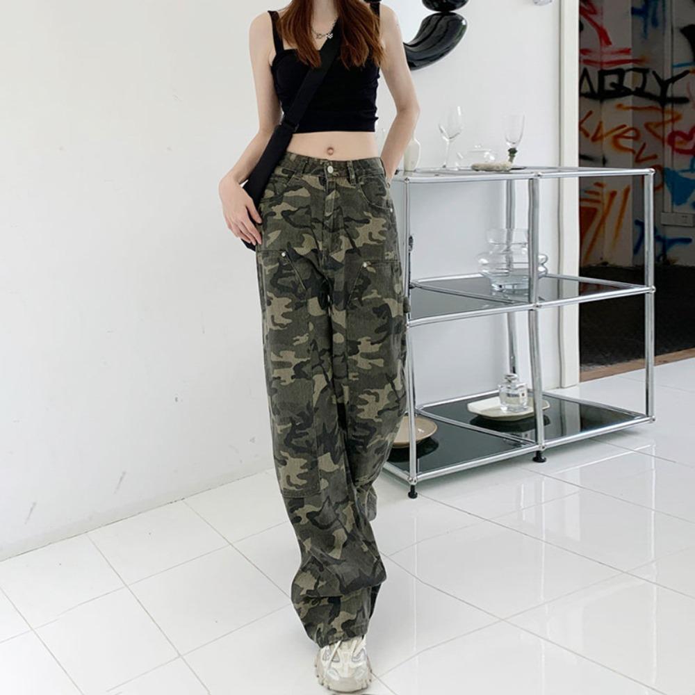 American high street hiphop hip hop camouflage overalls jeans children straight wide leg casual trousers