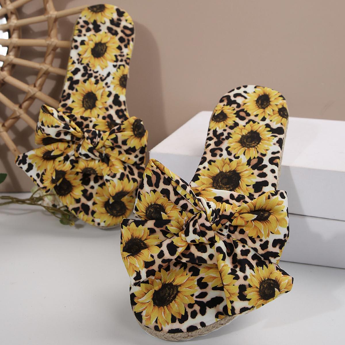 

European and American foreign trade large size bow thick-soled slippers female leopard print cloth surface one-character flat-bottomed cool slippers w 43