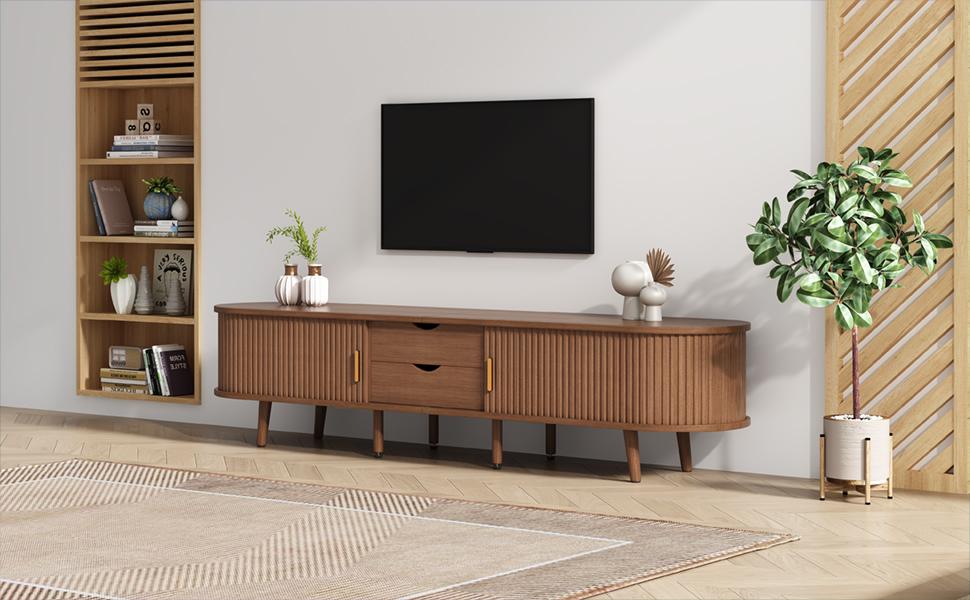 170 x 40 x 42 cm Szafka RTV do salonu z miejscem do przechowywania + Okrągły blat, Drewno MDF z wzorem słojów, 2 szuflady, Drzwi teleskopowe, Orzech, Odpowiednia dla 75 cali