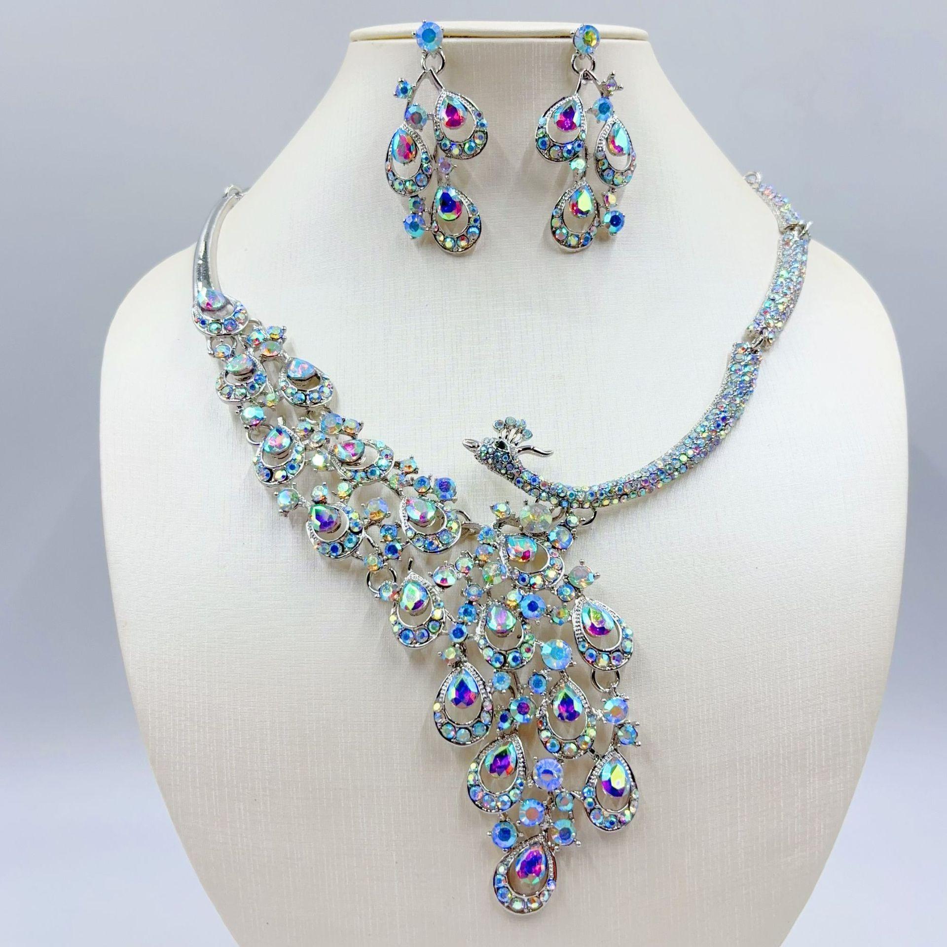 Colored Gemstone Peacock Necklace And Earrings Set - Bridal Accessories