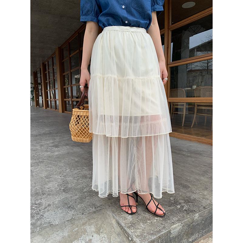 2025 Summer French Socialite Mesh Midi Skirt - Fashionable See-Through Design for Women