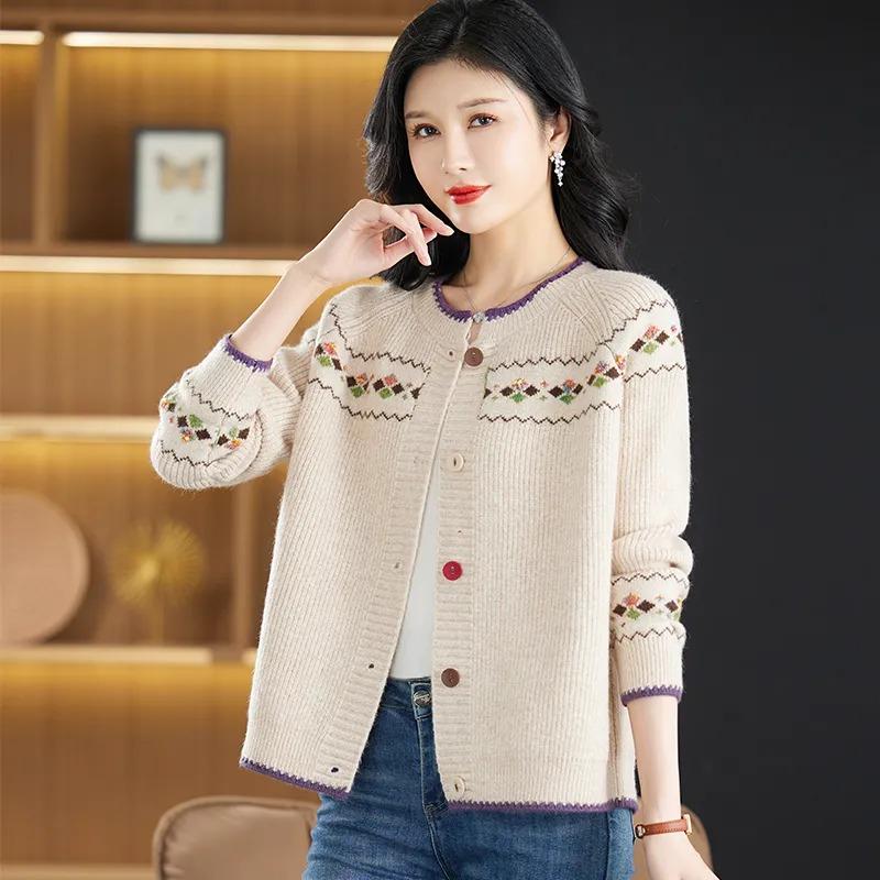 Herbst Winter Geometrisches Muster Stickerei Kontrastknopf Langarm Strickjacke Rundhals Pullover Gestricktes Freizeit Oberteil