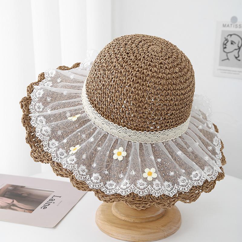 Summer Women's Wide Brim Straw Beach Sun Hat With Lace Mesh Design Breathable For Outdoor Packable Travel Sunscreen Sunhat