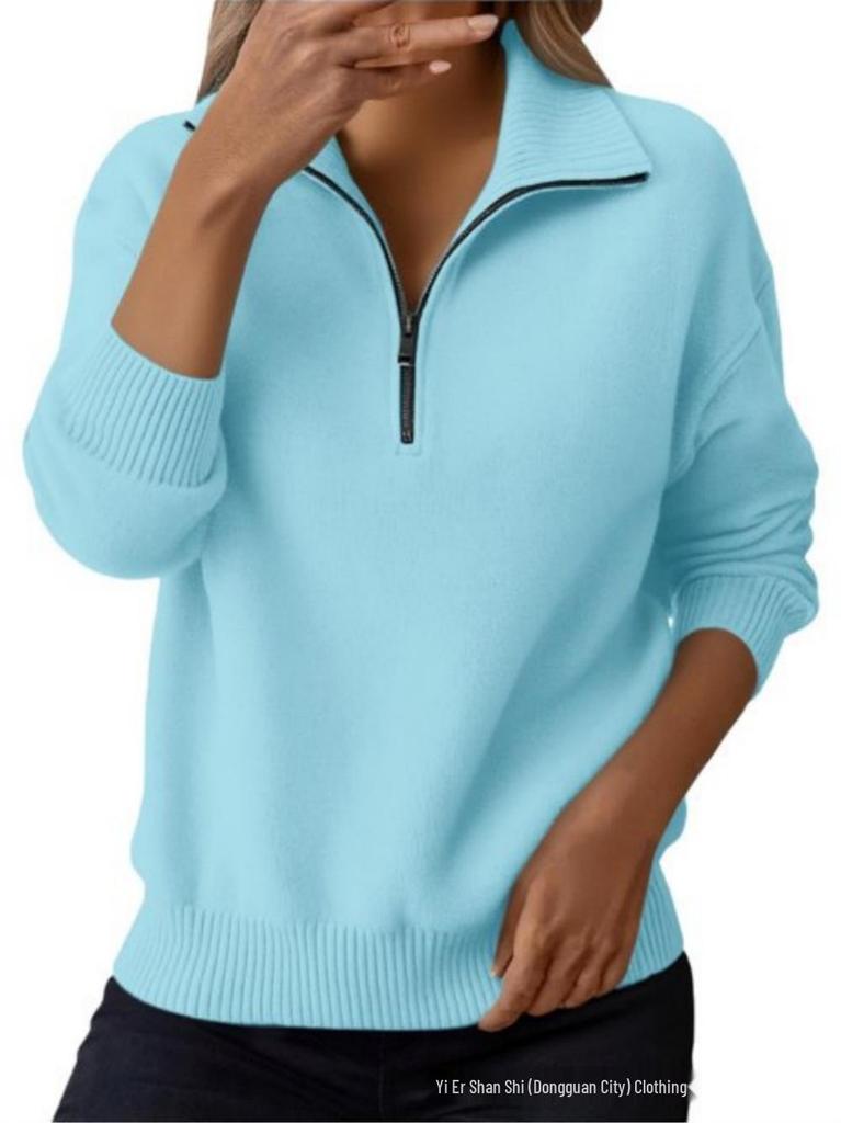 Pull en tricot pour femme 2026 à fermeture éclair et col revers - Coupe ample à manches longues pour un style décontracté