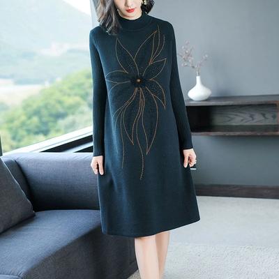 Dress for Woman Cotton Winter Warm Round Neck Long Sleeve Vintage Casual Printed Long Stretch Knit Sweater Dresses